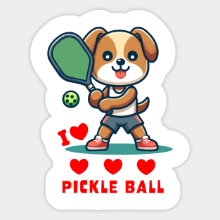 I Love Pickle Ball, Cute Dog playing Pickle Ball, funny graphic t-shirt for lovers of Pickle Ball and Dogs Sticker